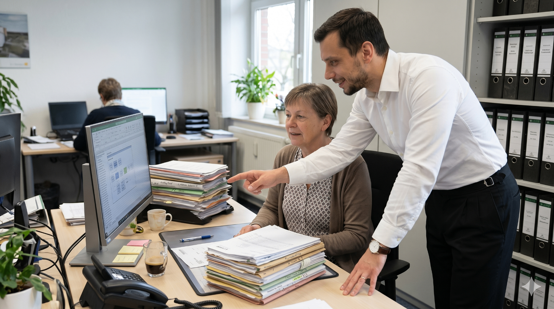 Marcel Hüsig im Gespräch mit einer Kundin im Büro